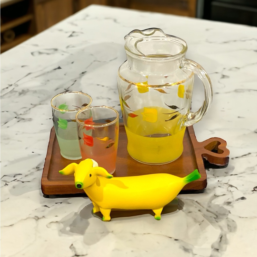 Vintage Juice/Mimosa Set for Two. Pitcher and 2 4 oz glasses with Açaí Wood Tray